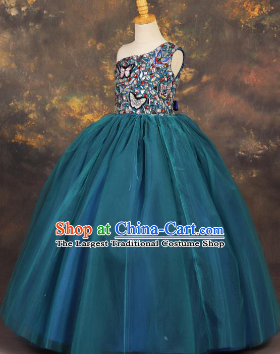 Professional Catwalks Stage Show Peacock Blue Dress Modern Fancywork Compere Court Princess Dance Costume for Kids