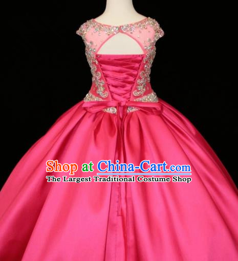 Professional Girls Compere Rosy Full Dress Modern Fancywork Catwalks Stage Show Costume for Kids