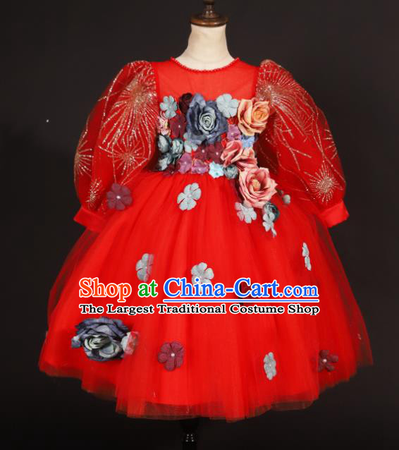 Professional Girls Compere Red Veil Full Dress Modern Fancywork Catwalks Stage Show Costume for Kids