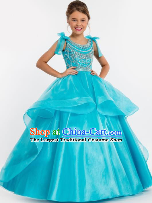 Professional Girls Compere Crystal Blue Full Dress Modern Fancywork Catwalks Stage Show Costume for Kids