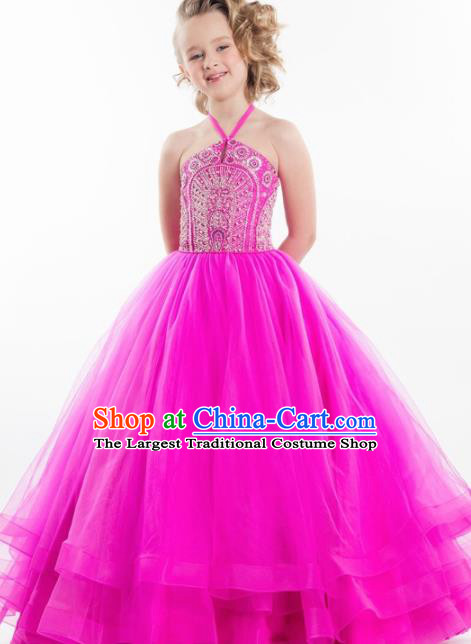 Professional Girls Compere Rosy Veil Full Dress Modern Fancywork Catwalks Stage Show Costume for Kids