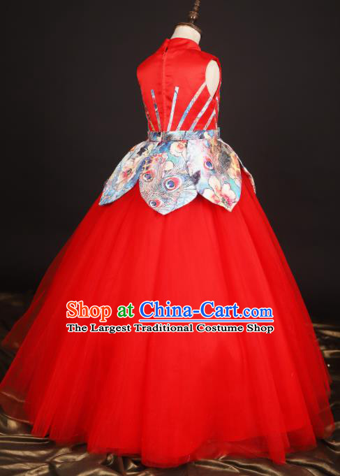 Professional Girls Compere Red Veil Long Full Dress Modern Fancywork Catwalks Stage Show Costume for Kids