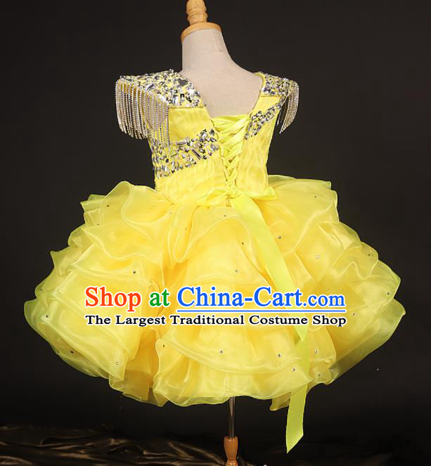 Professional Catwalks Stage Show Dance Yellow Veil Short Dress Modern Fancywork Compere Court Princess Costume for Kids