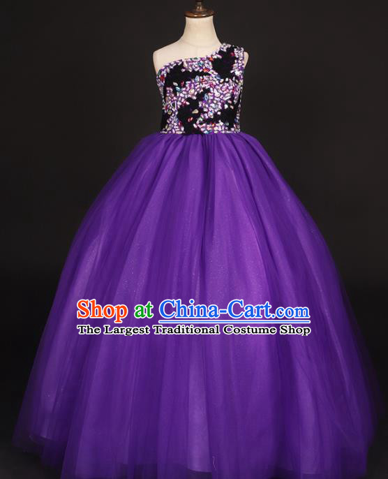 Professional Girls Compere Purple Veil Long Full Dress Modern Fancywork Catwalks Stage Show Costume for Kids