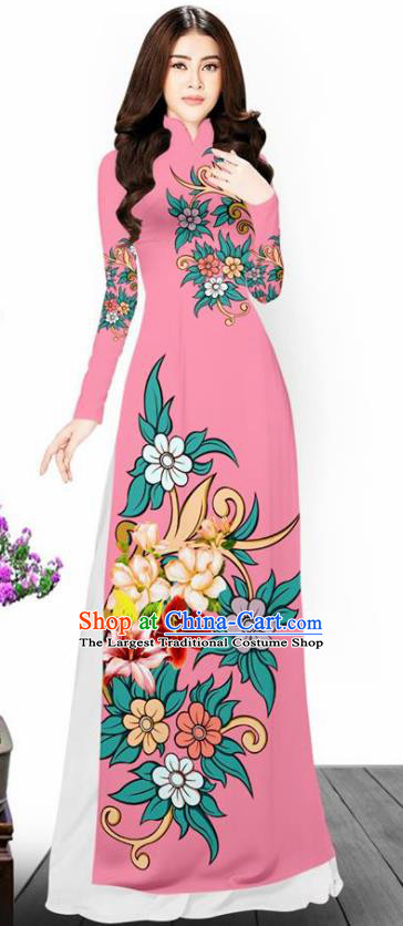Asian Vietnam Traditional Printing Flowers Pink Aodai Cheongsam Vietnamese Bride Classical Qipao Dress for Women