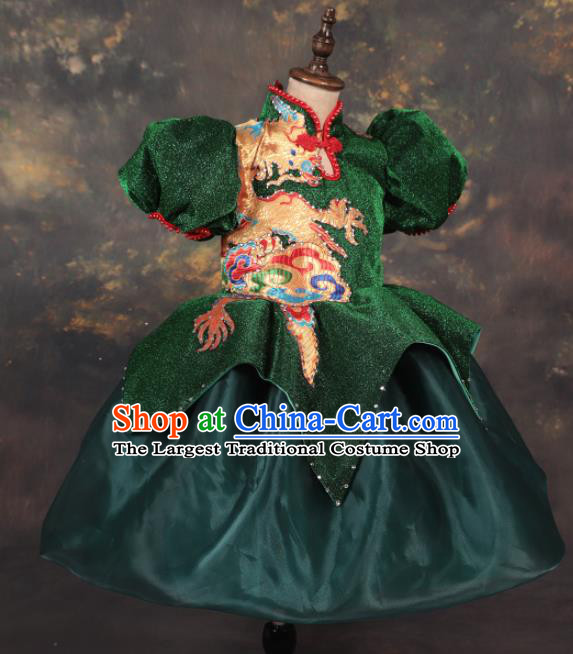 Chinese Stage Performance Catwalks Embroidered Green Full Dress Modern Fancywork Dance Costume for Kids