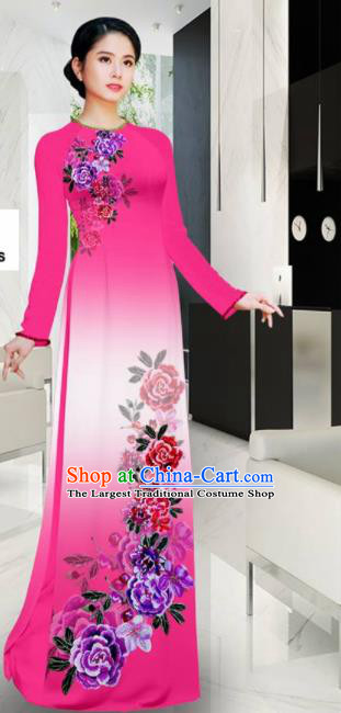 Asian Printing Roses Rosy Aodai Cheongsam Vietnam Traditional Costume Vietnamese Bride Classical Qipao Dress for Women