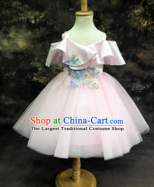 Professional Catwalks Stage Show Pink Veil Dress Modern Fancywork Compere Court Princess Dance Costume for Kids