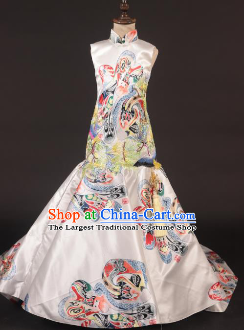 Chinese Stage Performance White Qipao Catwalks Full Dress Modern Fancywork Dance Costume for Kids
