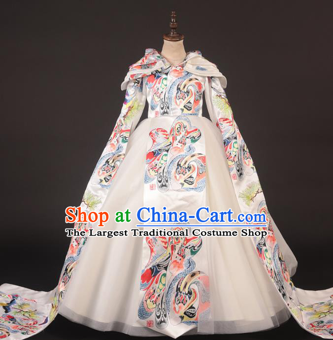 Chinese Stage Performance Catwalks White Full Dress Modern Fancywork Dance Costume for Kids