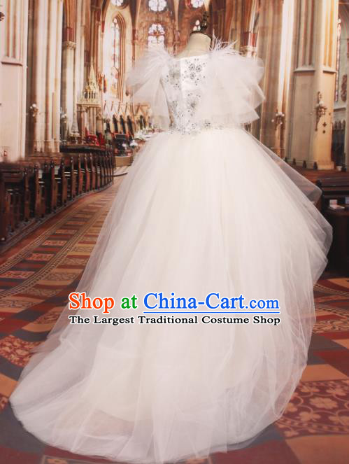 Professional Girls Catwalks Stage Show Dance White Veil Dress Modern Fancywork Compere Court Princess Costume for Kids