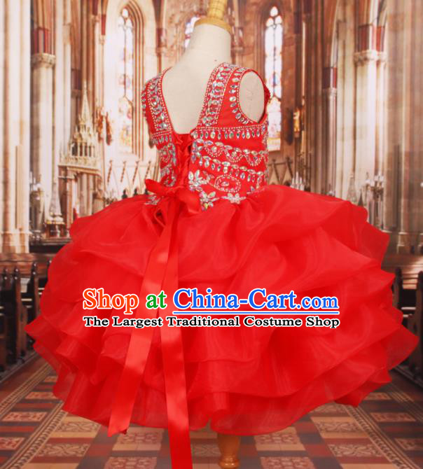Professional Girls Catwalks Waltz Dance Red Veil Short Dress Modern Fancywork Compere Stage Show Costume for Kids