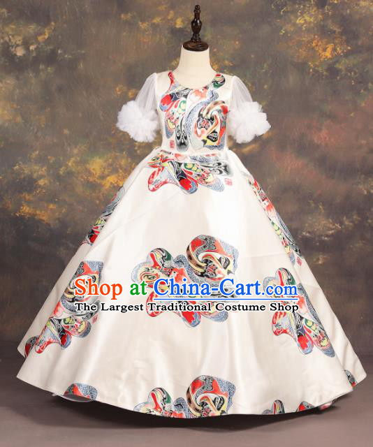 Chinese Stage Performance Catwalks Embroidered White Full Dress Modern Fancywork Dance Costume for Kids