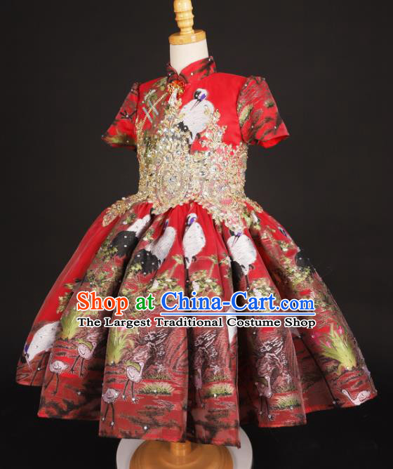 Chinese Stage Performance Catwalks Printing Red Full Dress Modern Fancywork Dance Costume for Kids