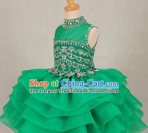Professional Girls Catwalks Green Veil Bubble Dress Modern Fancywork Compere Stage Show Costume for Kids