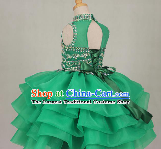 Professional Girls Catwalks Green Veil Bubble Dress Modern Fancywork Compere Stage Show Costume for Kids
