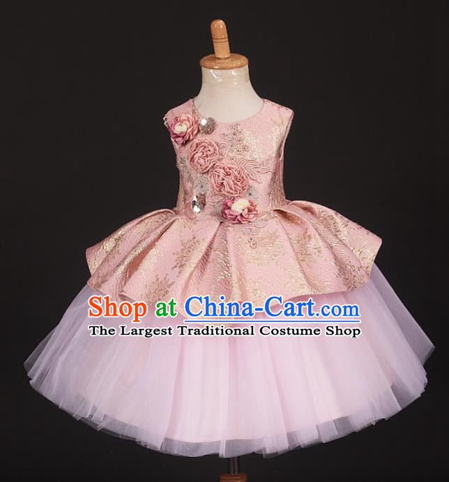 Professional Girls Catwalks Pink Veil Short Dress Modern Fancywork Compere Stage Show Costume for Kids