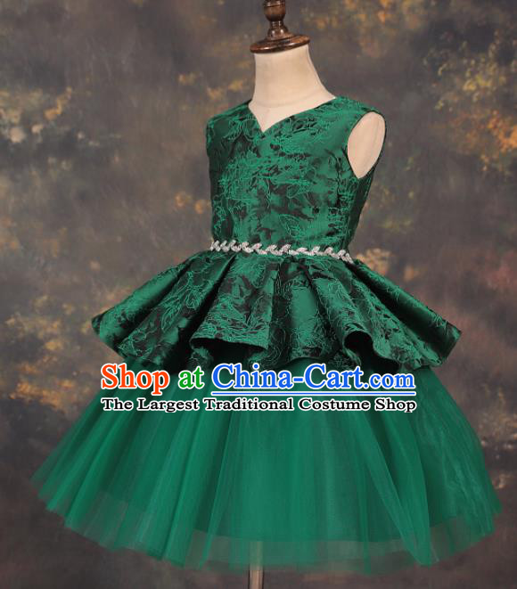 Professional Girls Catwalks Green Veil Short Dress Modern Fancywork Compere Stage Show Costume for Kids