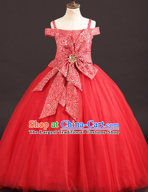 Professional Girls Catwalks Red Veil Trailing Dress Modern Fancywork Compere Stage Show Costume for Kids