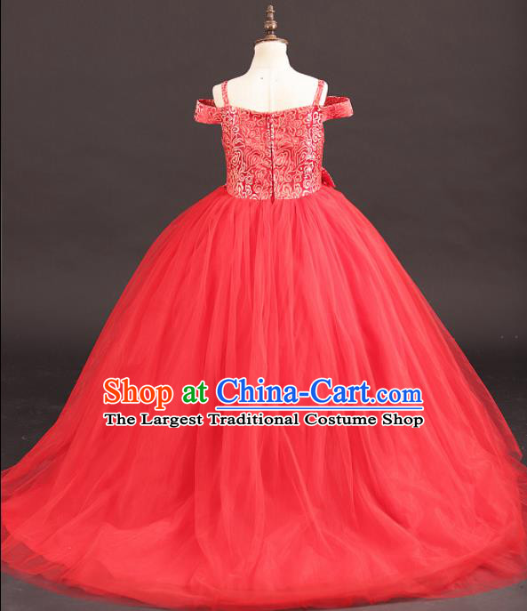 Professional Girls Catwalks Red Veil Trailing Dress Modern Fancywork Compere Stage Show Costume for Kids