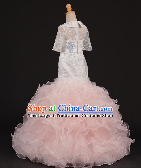 Professional Girls Catwalks Modern Fancywork Pink Veil Mermaid Dress Compere Stage Show Costume for Kids