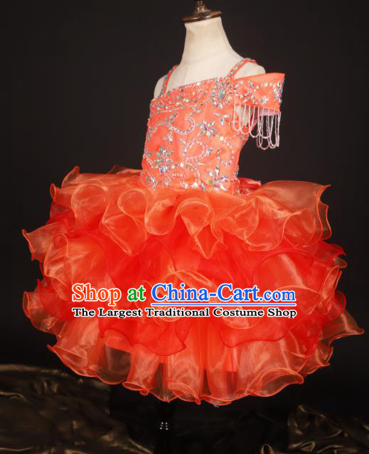 Professional Girls Modern Fancywork Red Single Shoulder Dress Catwalks Compere Stage Show Costume for Kids
