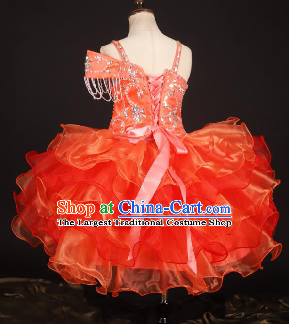 Professional Girls Modern Fancywork Red Single Shoulder Dress Catwalks Compere Stage Show Costume for Kids