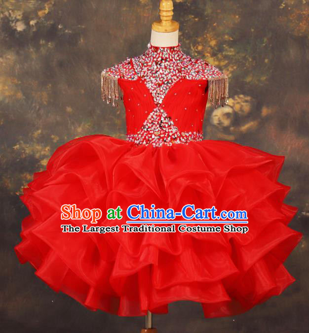 Chinese Stage Performance Crystal Red Full Dress Catwalks Modern Fancywork Dance Costume for Kids