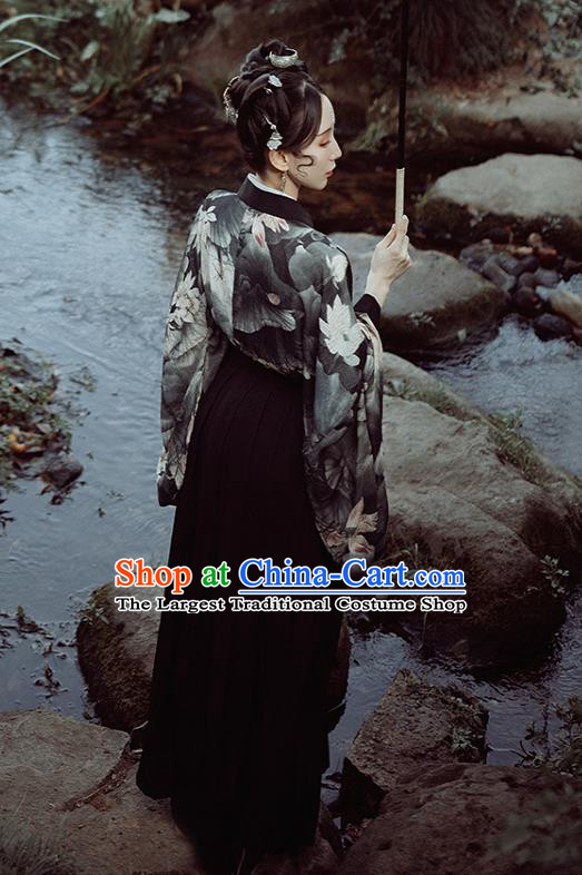 Chinese Ancient Court Lady Printing Lotus Black Hanfu Dress Traditional Jin Dynasty Princess Historical Costume for Women