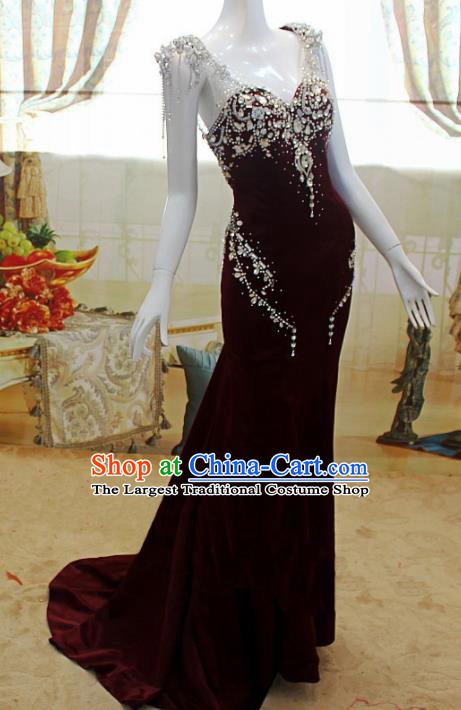 Top Grade Modern Fancywork Wine Red Formal Dress Compere Catwalks Costume for Women