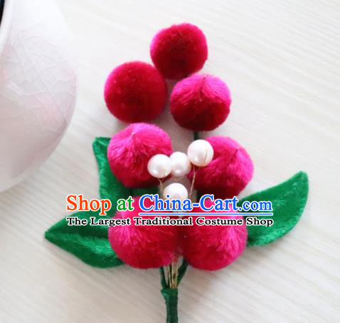 Chinese Handmade Rosy Velvet Berry Hairpins Ancient Palace Queen Hair Accessories Headwear for Women