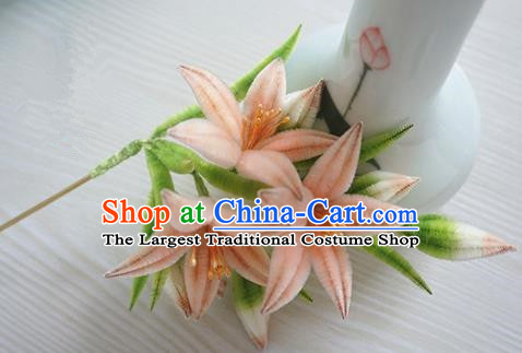 Chinese Handmade Palace Pink Lily Flowers Velvet Hairpins Ancient Queen Hair Accessories Headwear for Women