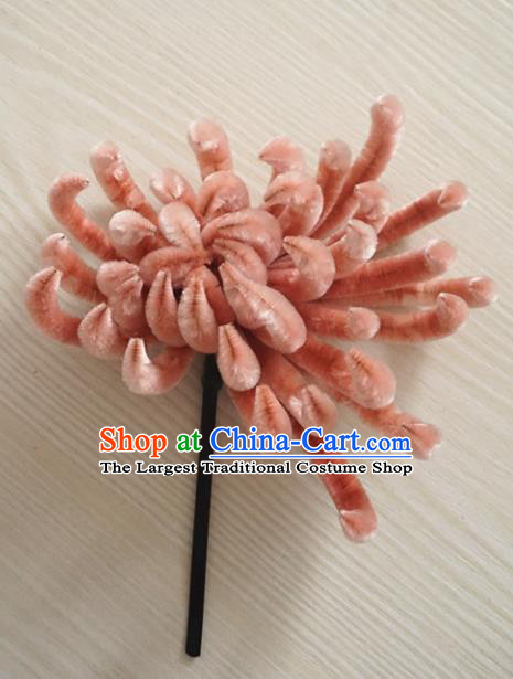 Chinese Handmade Palace Pink Chrysanthemum Flowers Velvet Hairpins Ancient Queen Hair Accessories Headwear for Women