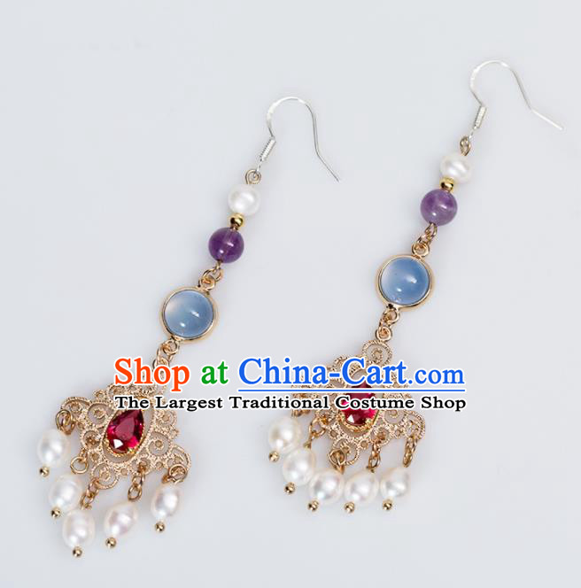 Handmade Chinese Classical Hanfu Red Crystal Earrings Ancient Palace Ear Accessories for Women