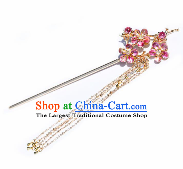 Chinese Handmade Hanfu Rosy Plum Blossom Tassel Hairpins Ancient Princess Hair Accessories Headwear for Women