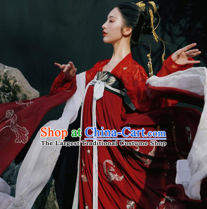 Chinese Traditional Tang Dynasty Princess Wedding Historical Costume Ancient Peri Embroidered Red Hanfu Dress for Women