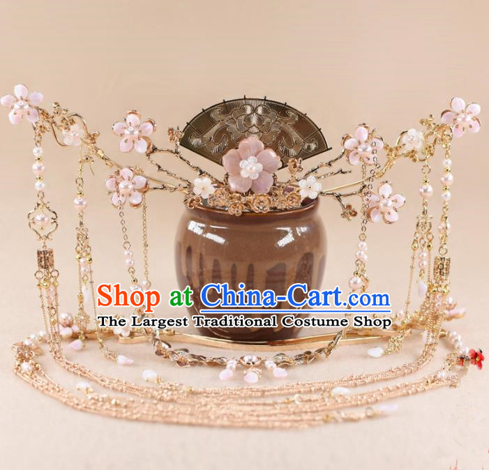 Chinese Handmade Palace Pink Flowers Hair Crown Hairpins Ancient Princess Hanfu Hair Accessories Headwear for Women