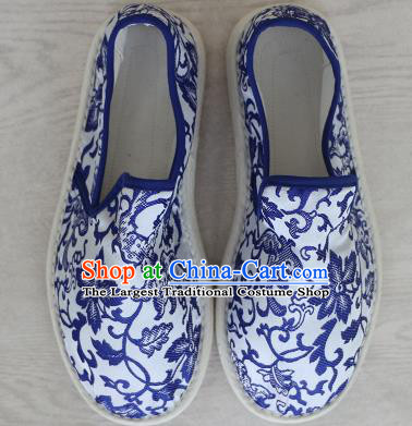 Chinese Handmade Printing Blue Lotus Cloth Shoes Traditional National Shoes Ancient Princess Hanfu Shoes for Women