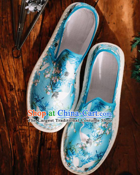 Chinese Handmade Printing Crane Blue Cloth Shoes Traditional National Shoes Ancient Hanfu Shoes for Women