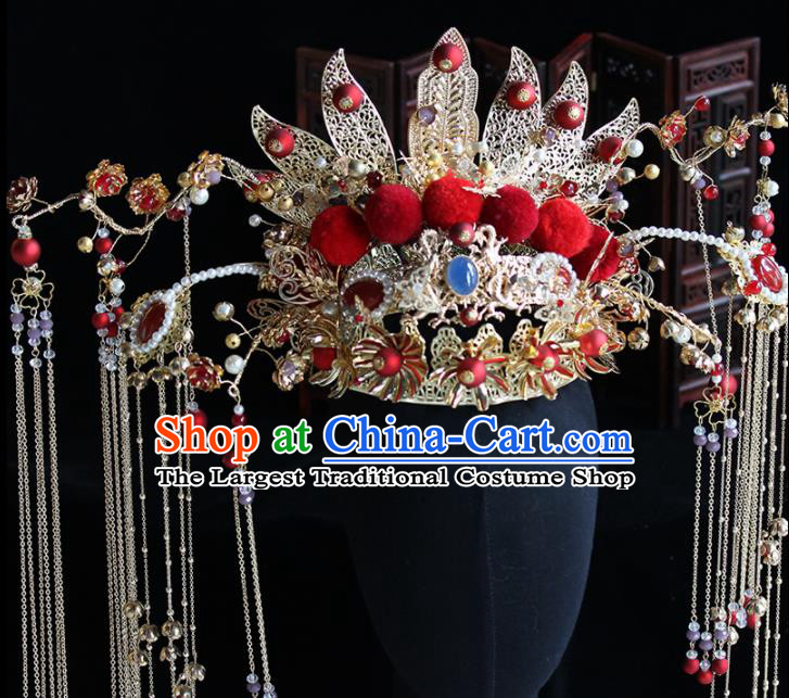 Chinese Handmade Palace Red Venonat Phoenix Coronet Hairpins Ancient Princess Hanfu Hair Accessories Headwear for Women