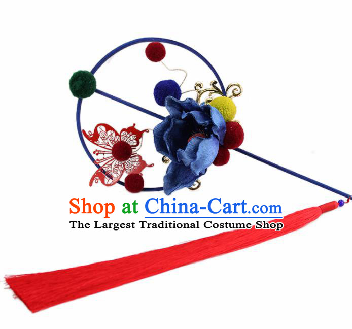 Chinese Traditional Wedding Palace Fans Ancient Princess Blue Peony Round Fan for Women