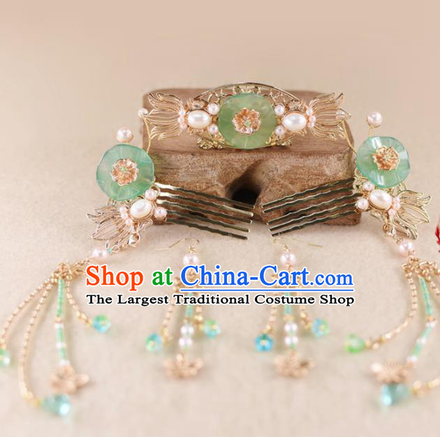 Chinese Handmade Palace Lotus Leaf Hair Comb Hairpins Ancient Princess Hanfu Hair Accessories Headwear for Women
