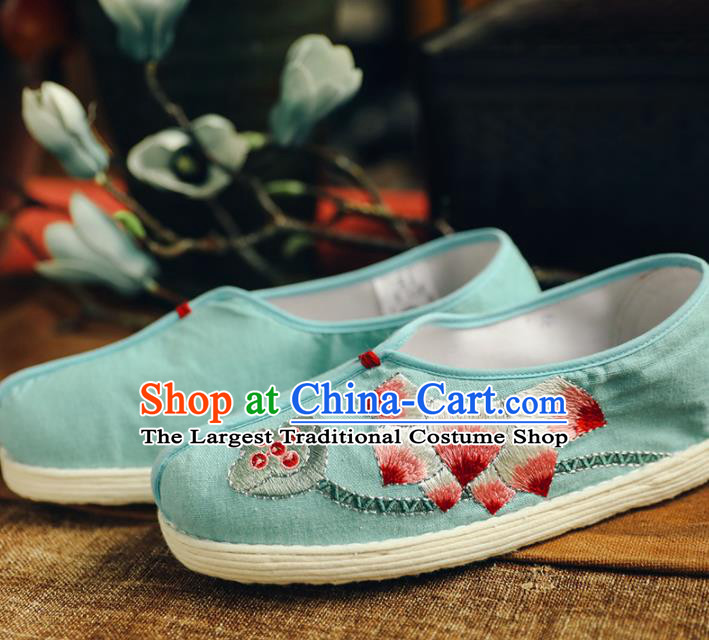 Chinese Handmade Cloth Shoes Traditional National Shoes Ancient Princess Embroidered Lotus Green Hanfu Shoes for Women