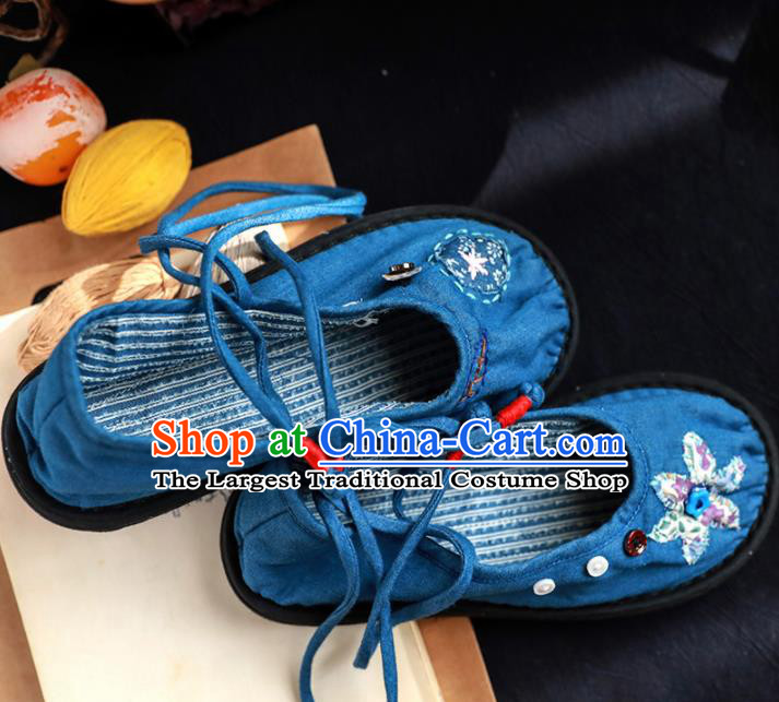 Chinese Handmade Blue Cloth Shoes Traditional National Shoes Ancient Princess Hanfu Shoes for Women