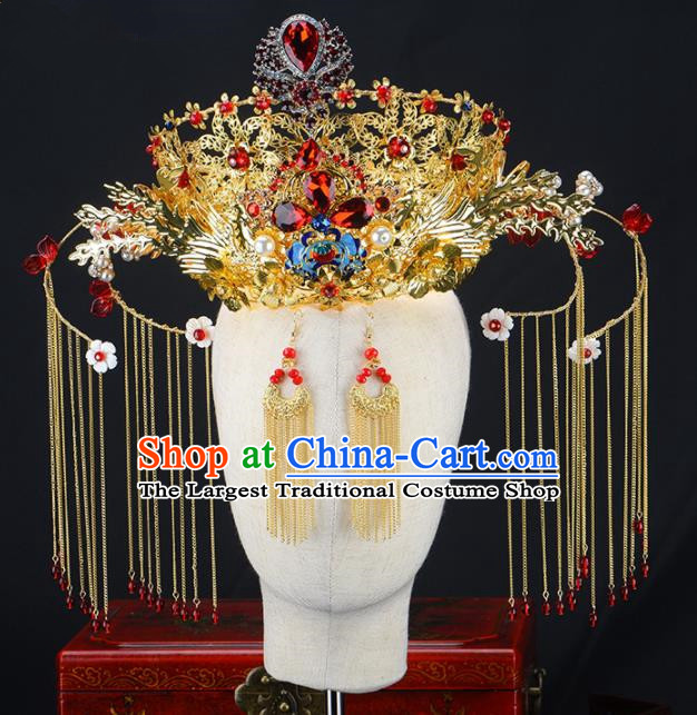 Chinese Handmade Palace Queen Red Crystal Phoenix Coronet Hairpins Ancient Hair Accessories Headwear for Women