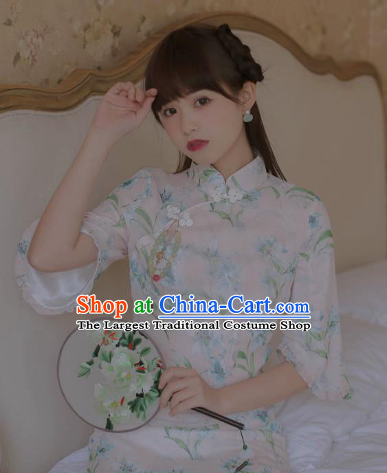 Chinese Classical National Printing White Cheongsam Traditional Tang Suit Qipao Dress for Women