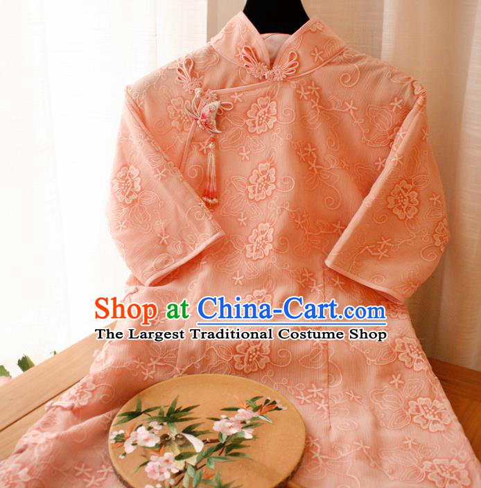 Chinese Classical National Embroidered Pink Cheongsam Traditional Tang Suit Qipao Dress for Women