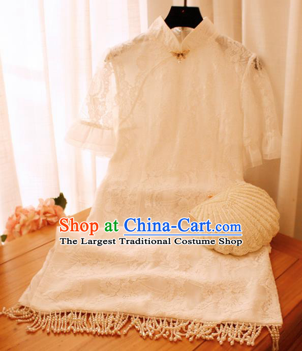 Chinese Classical National White Lace Cheongsam Traditional Tang Suit Qipao Dress for Women