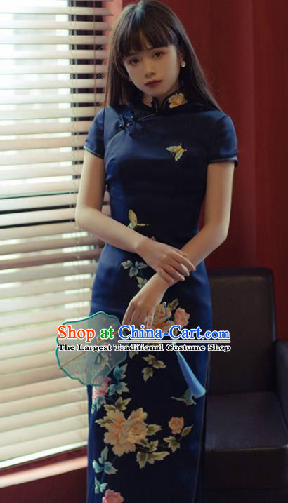 Chinese National Printing Peony Royalblue Cheongsam Traditional Classical Tang Suit Qipao Dress for Women