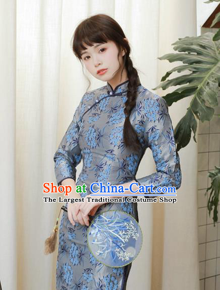 Chinese National Printing Grey Cheongsam Traditional Classical Tang Suit Qipao Dress for Women